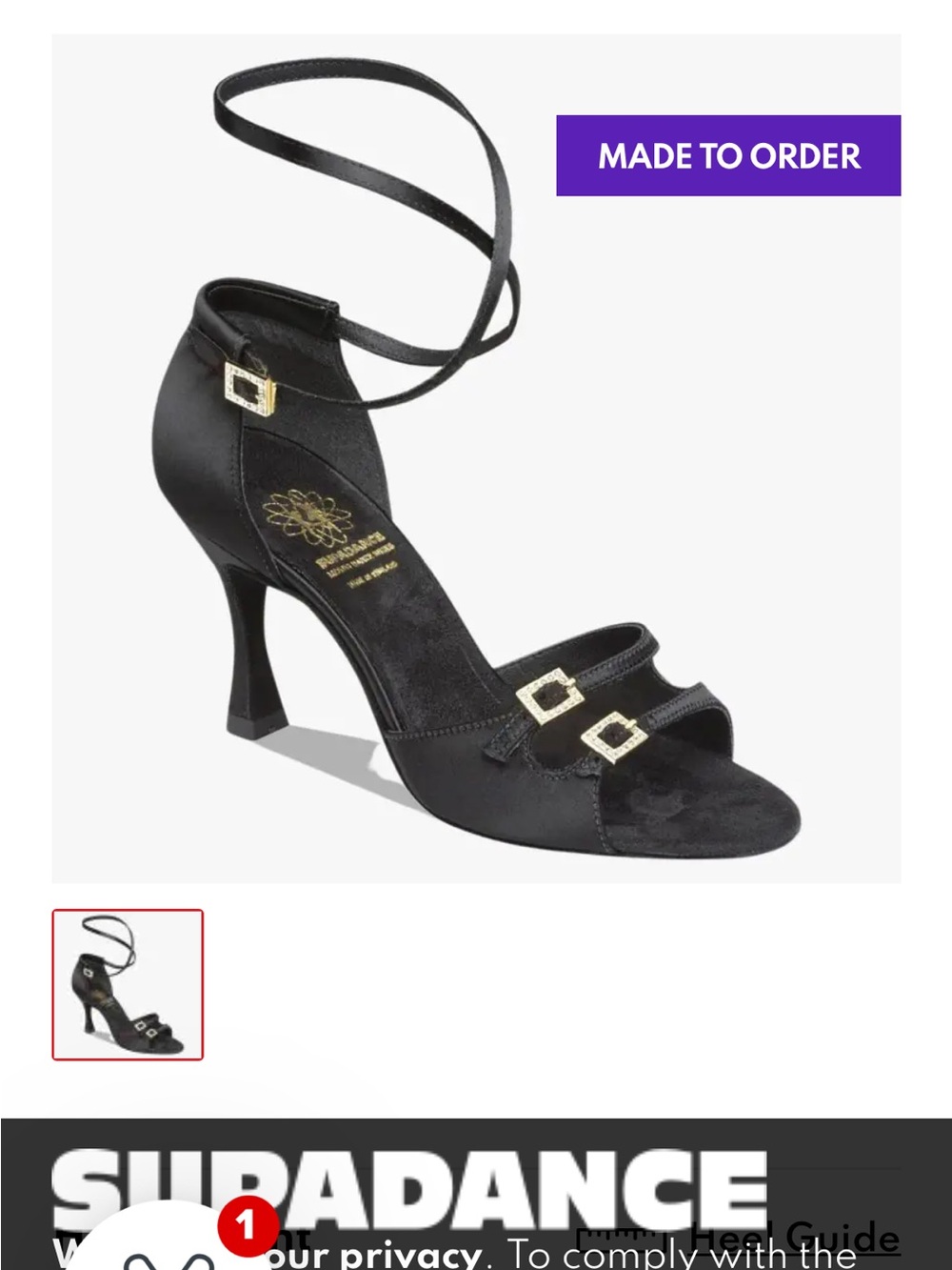 Black Satin Ankle-Wrap Latin Heels with Gold Buckle Accents